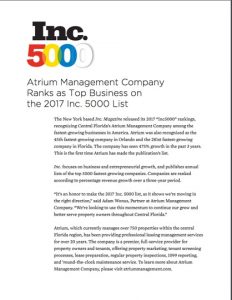 Atrium recognized on the Inc. 5000 List of Fastest Growing Companies in America