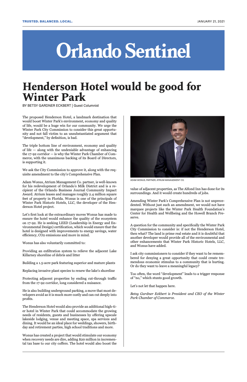 Henderson Hotel would be good for Winter Park